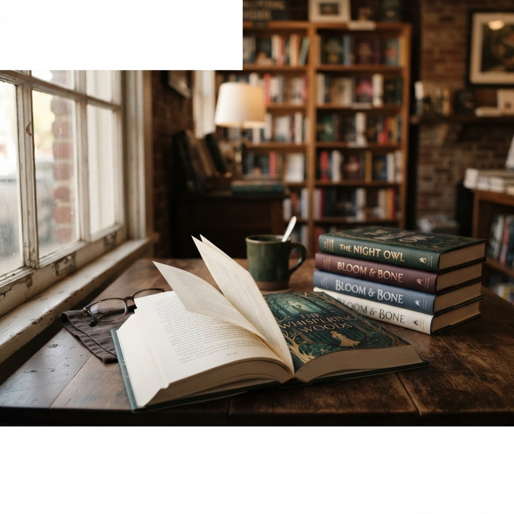 Open book and contemporary novels on a warm reading table